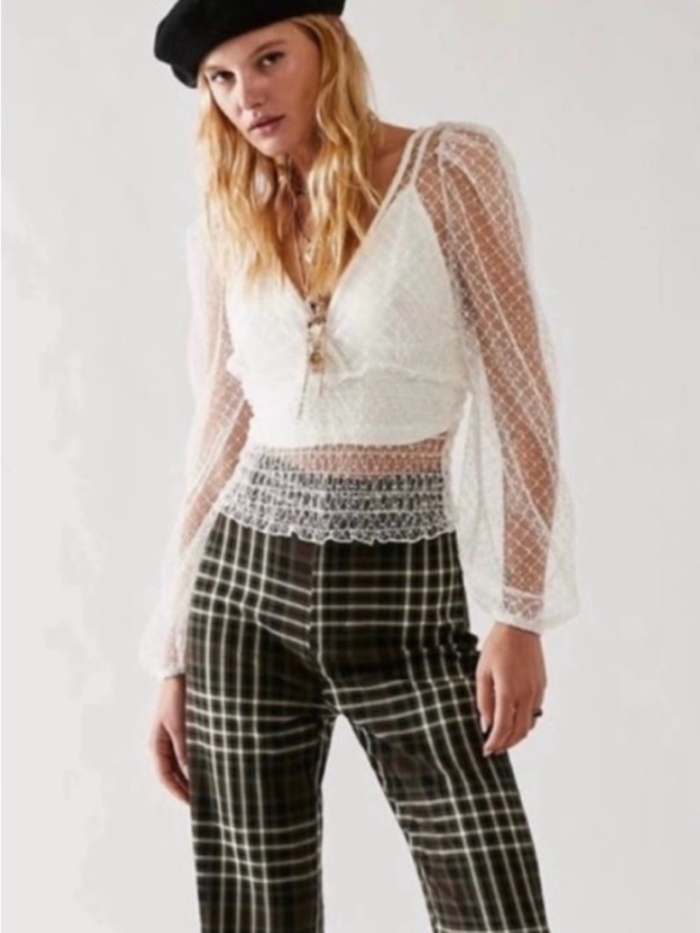 Free People Stevie top Sheer White Lace Crop with Smocked Waist